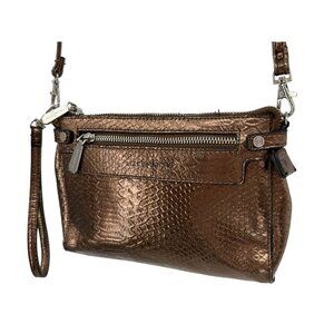 Metallic Bronze Snake-Embossed Faux Leather Crossbody Wristlet Strap & Zipper
